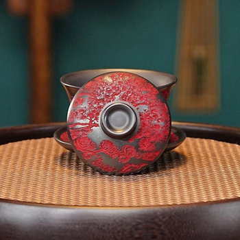 Gaiwan din lut purpuriu cu modele sculptate manual, aromă fină și umbre subtile, recipient de ceai pentru uz casnic, lucrat manual C1
