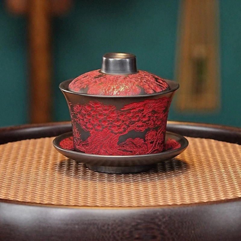 Gaiwan din lut purpuriu cu modele sculptate manual, aromă fină și umbre subtile, recipient de ceai pentru uz casnic, lucrat manual C1