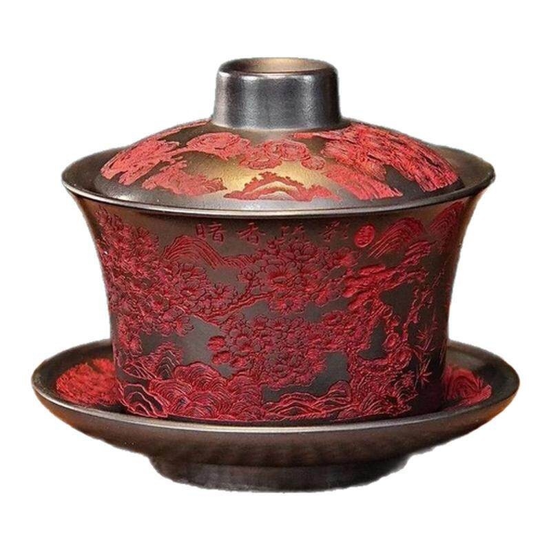 Gaiwan din lut purpuriu cu modele sculptate manual, aromă fină și umbre subtile, recipient de ceai pentru uz casnic, lucrat manual C1