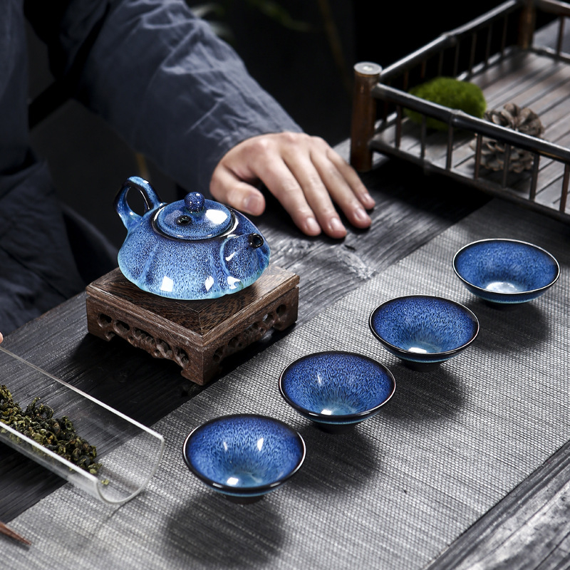 Set ceai Kung Fu Jun Kiln cu glazură Tianmu Rabbit-Hair Brushed — accesorii Jianzhan, ceainic și cești