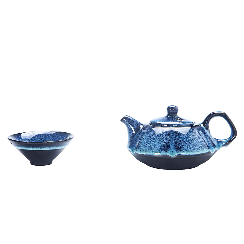 Set ceai Kung Fu Jun Kiln cu glazură Tianmu Rabbit-Hair Brushed — accesorii Jianzhan, ceainic și cești