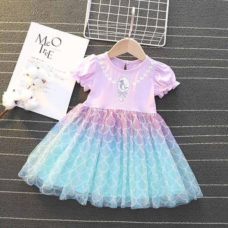 Rochie Elsa pentru fete – rochie de vară cu mânecă scurtă, imprimeu cu sirenă, pentru bebeluși și copii mici