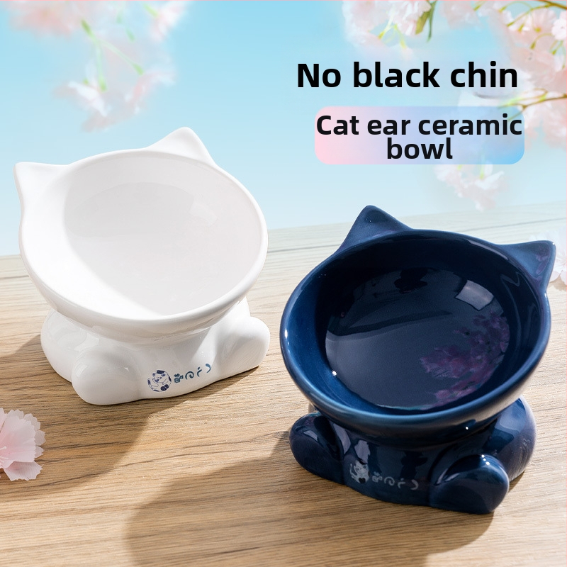 Vas ceramic în stil japonez, cap de pisică, vas pentru mâncare de pisică cu margine înclinată, stabil și greu de răsturnat, potrivit ca vas de apă sau mâncare pentru animale de companie.