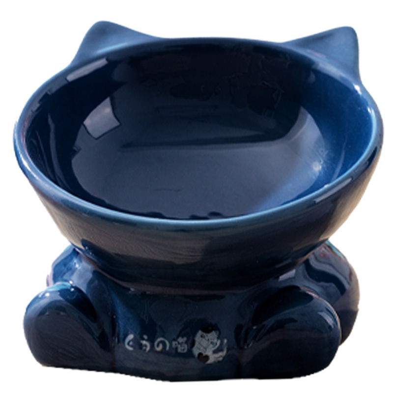 Vas ceramic în stil japonez, cap de pisică, vas pentru mâncare de pisică cu margine înclinată, stabil și greu de răsturnat, potrivit ca vas de apă sau mâncare pentru animale de companie.
