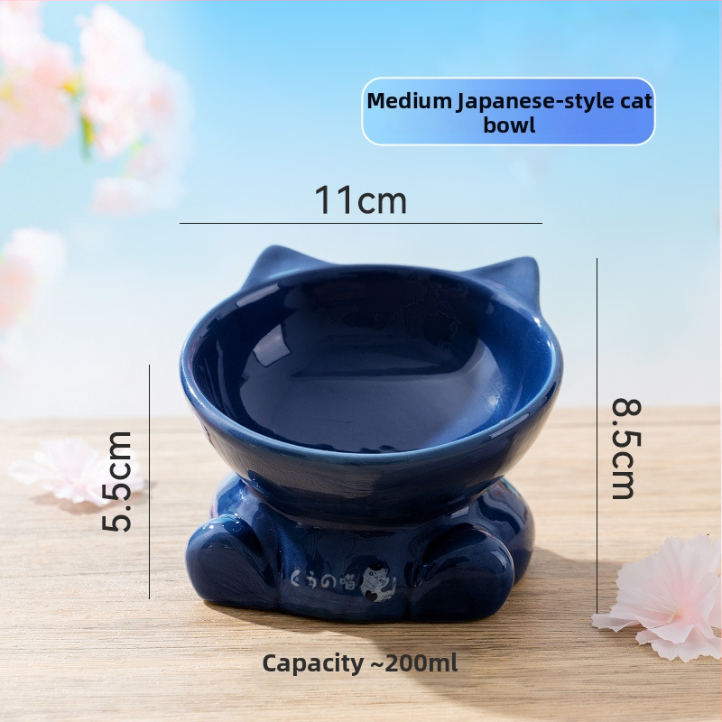 Vas ceramic în stil japonez, cap de pisică, vas pentru mâncare de pisică cu margine înclinată, stabil și greu de răsturnat, potrivit ca vas de apă sau mâncare pentru animale de companie.
