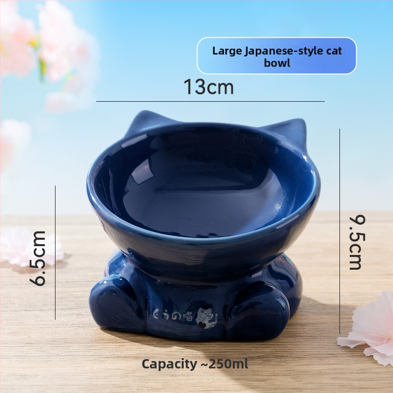 Vas ceramic în stil japonez, cap de pisică, vas pentru mâncare de pisică cu margine înclinată, stabil și greu de răsturnat, potrivit ca vas de apă sau mâncare pentru animale de companie.