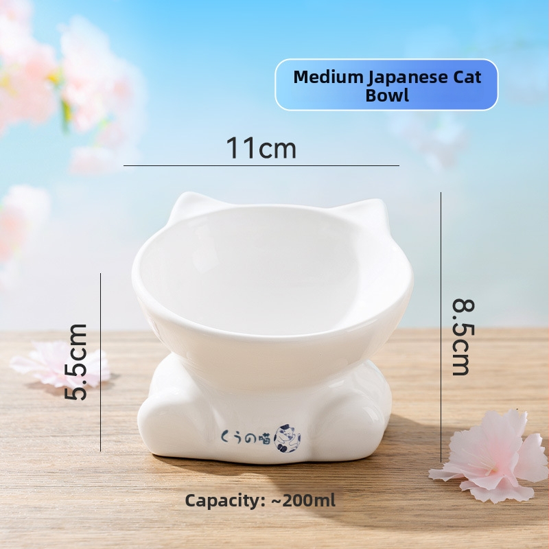 Vas ceramic în stil japonez, cap de pisică, vas pentru mâncare de pisică cu margine înclinată, stabil și greu de răsturnat, potrivit ca vas de apă sau mâncare pentru animale de companie.