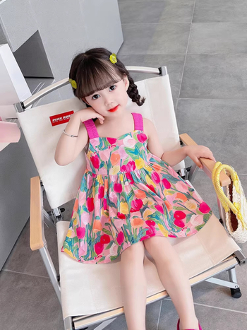 Rochie nouă cu flori pentru fetițe, elegantă și drăguță, cu bretele, croială în A, rochie de vară, în stil desen animat
