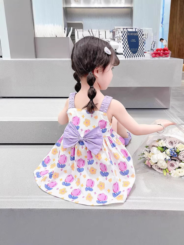Rochie nouă cu flori pentru fetițe, elegantă și drăguță, cu bretele, croială în A, rochie de vară, în stil desen animat
