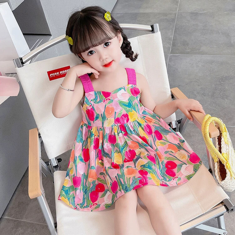 Rochie nouă cu flori pentru fetițe, elegantă și drăguță, cu bretele, croială în A, rochie de vară, în stil desen animat