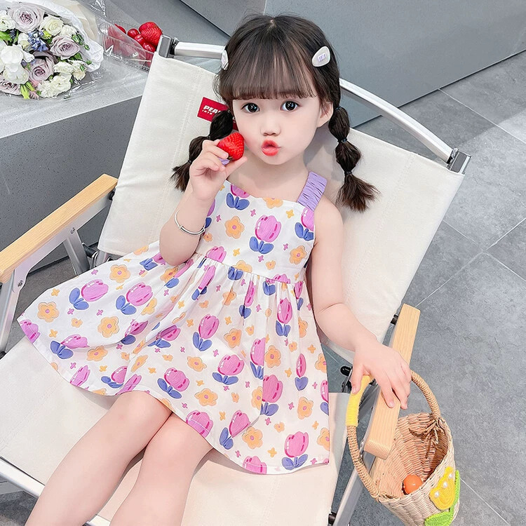 Rochie nouă cu flori pentru fetițe, elegantă și drăguță, cu bretele, croială în A, rochie de vară, în stil desen animat