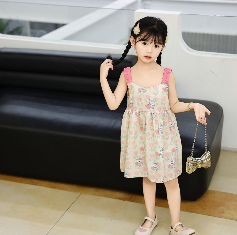 Rochie nouă cu flori pentru fetițe, elegantă și drăguță, cu bretele, croială în A, rochie de vară, în stil desen animat
