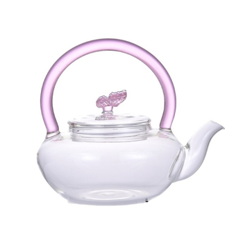 Ceainic din sticlă roz cu capac în formă de fluture, motiv floral de plante, sticlă rezistentă la temperaturi, manufactură manuală