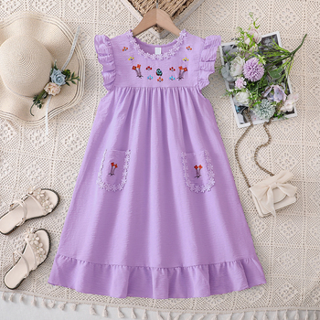 rochie pentru fete, vară 2025, stil coreean cu broderie, flori drăgălașe, dantelă delicată, mâneci vaporoase, rochie prințesă