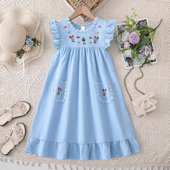 rochie pentru fete, vară 2025, stil coreean cu broderie, flori drăgălașe, dantelă delicată, mâneci vaporoase, rochie prințesă