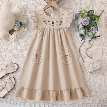 rochie pentru fete, vară 2025, stil coreean cu broderie, flori drăgălașe, dantelă delicată, mâneci vaporoase, rochie prințesă