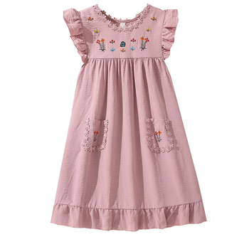 rochie pentru fete, vară 2025, stil coreean cu broderie, flori drăgălașe, dantelă delicată, mâneci vaporoase, rochie prințesă