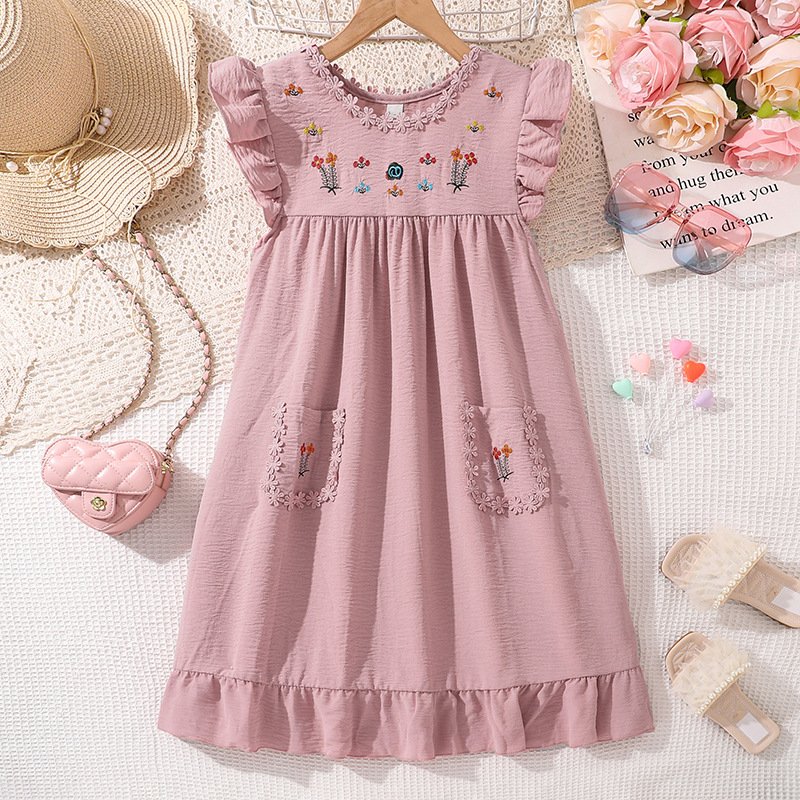 rochie pentru fete, vară 2025, stil coreean cu broderie, flori drăgălașe, dantelă delicată, mâneci vaporoase, rochie prințesă