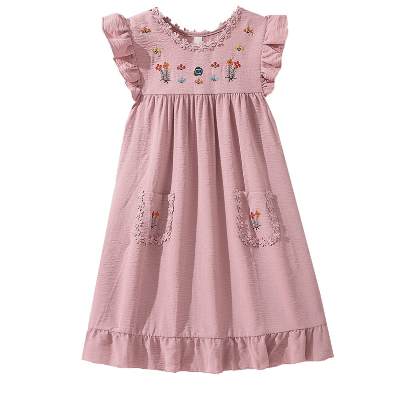 rochie pentru fete, vară 2025, stil coreean cu broderie, flori drăgălașe, dantelă delicată, mâneci vaporoase, rochie prințesă