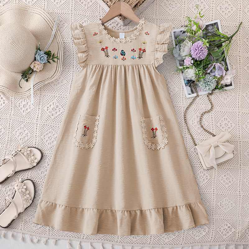 rochie pentru fete, vară 2025, stil coreean cu broderie, flori drăgălașe, dantelă delicată, mâneci vaporoase, rochie prințesă