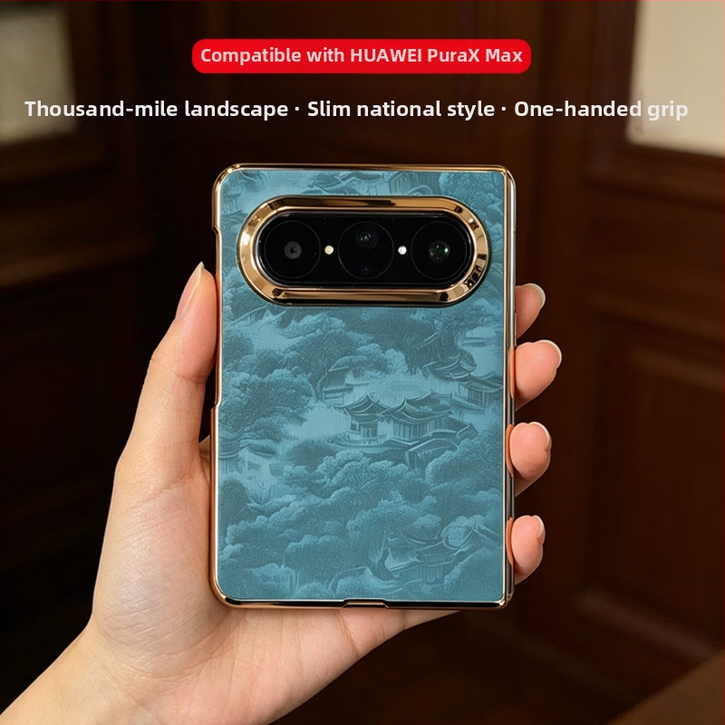 Carcasă pentru Huawei Pura X Max cu placare electroplată, husă split, motiv Râuri și Munți, stil chinezesc, capac spate Xmax
