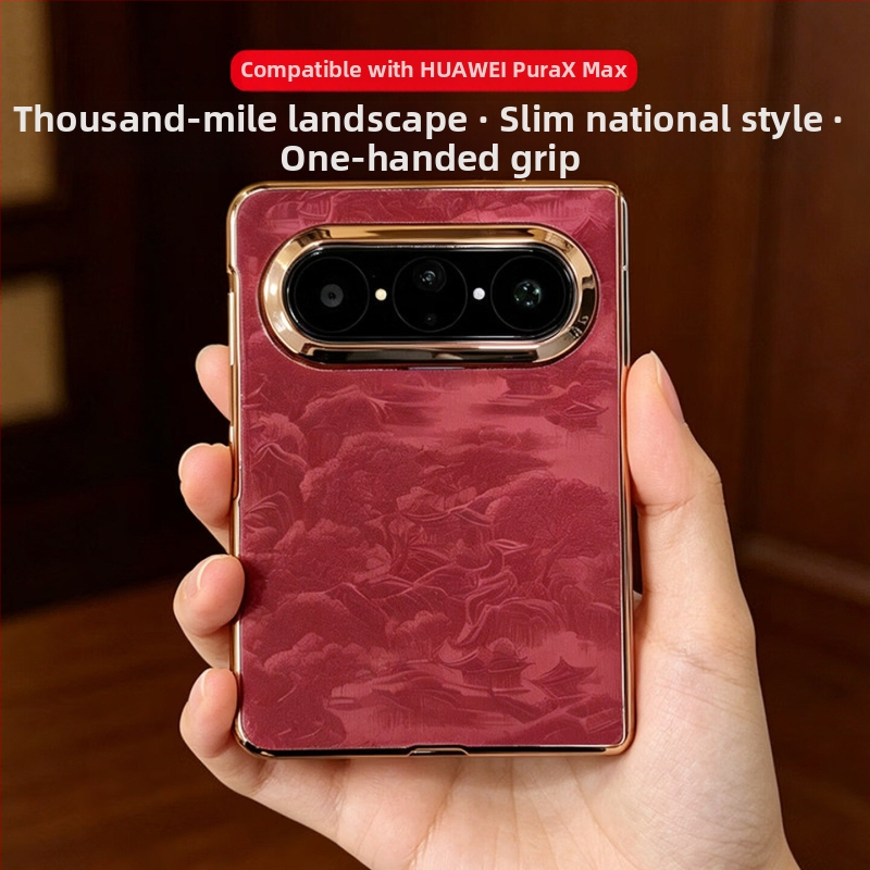 Carcasă pentru Huawei Pura X Max cu placare electroplată, husă split, motiv Râuri și Munți, stil chinezesc, capac spate Xmax