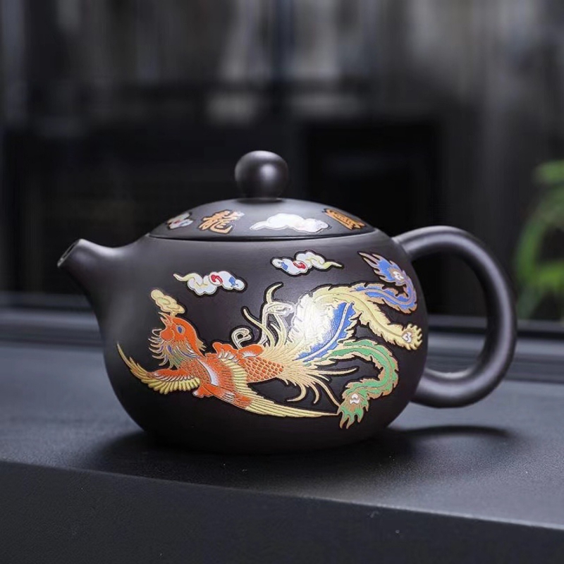 Ceainic Xishi din lut purpuriu cu schimbare de culoare la încălzire, complet lucrat manual, pentru uz casnic, cadou, set Gongfu de ceai, design Dragon și Fenix