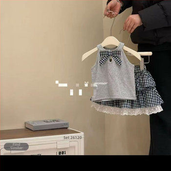 Set de vară pentru fete din două piese: top cu funda și fustă bufantă