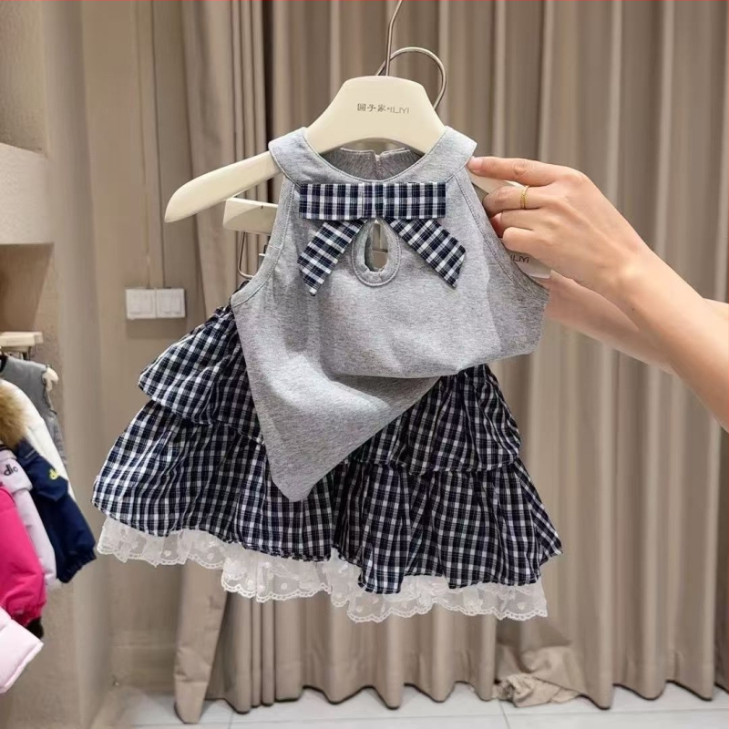 Set de vară pentru fete din două piese: top cu funda și fustă bufantă