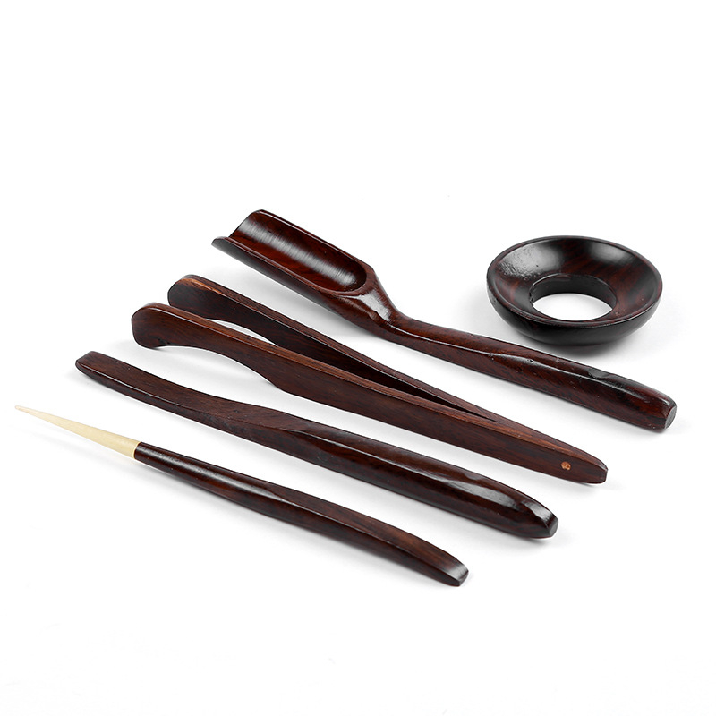 Clips de ceai din bambus, set de accesorii pentru ceremonia ceaiului din lemn masiv, cu ac de ceai, linguriță de ceai și pinten de ceai — lemn de abanos și lemn de aripă de pui, set din cinci piese