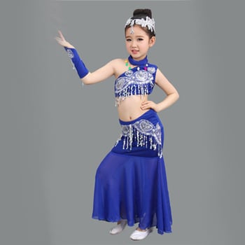 Costum pentru copii pentru dans etnic Dai, costum de dans pentru spectacol de păun, fustă cu coadă de pește pentru fete pentru Dai, pantaloni cu paiete pentru dans etnic Dai