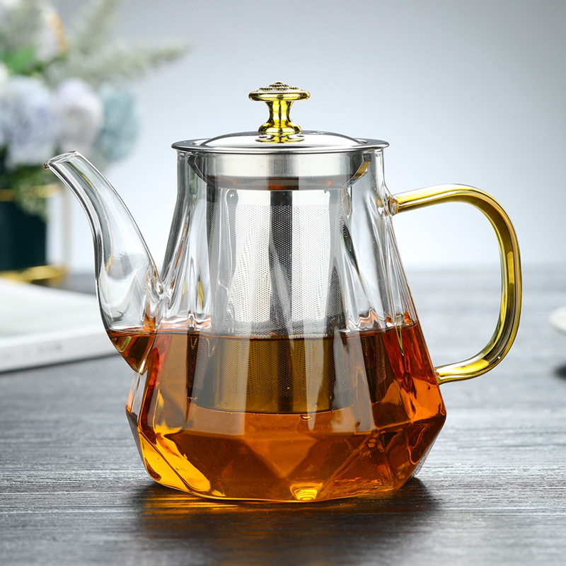 Ceainic din sticlă cu filtru din oțel inoxidabil, sticlă borosilicată de înaltă rezistență, corp drept, capacitate mare, rezistent la căldură