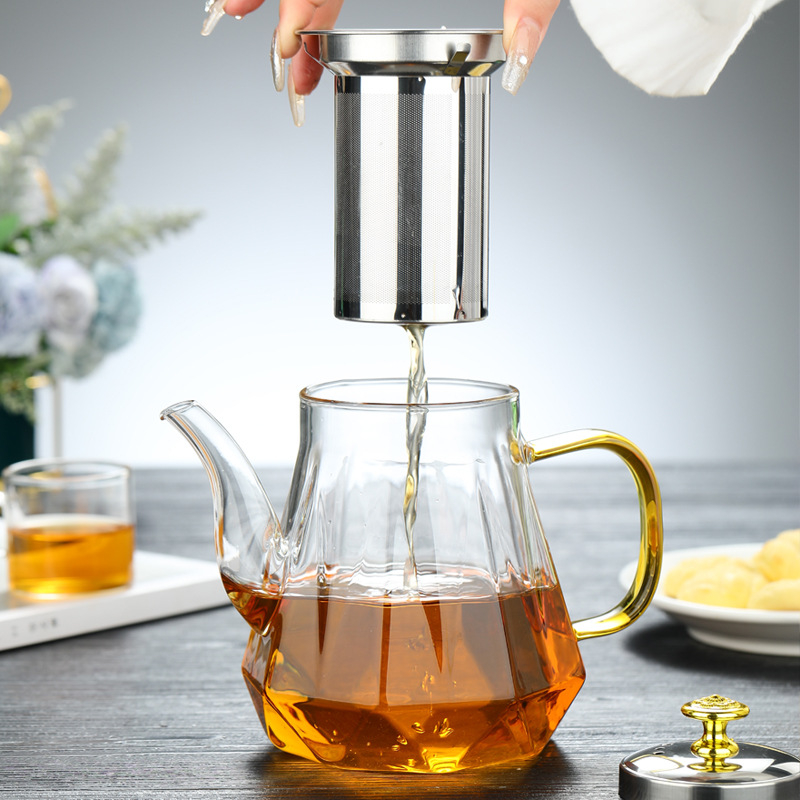Ceainic din sticlă cu filtru din oțel inoxidabil, sticlă borosilicată de înaltă rezistență, corp drept, capacitate mare, rezistent la căldură