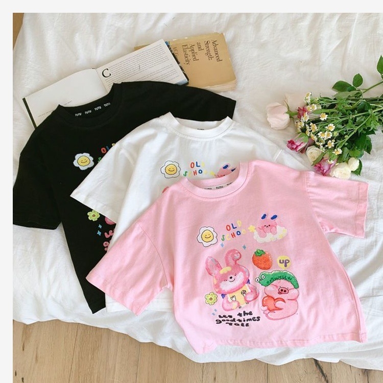 Tricou pentru fete din bumbac, mâneci scurte, ușor, imprimeu cu desene animate, top casual pentru copii