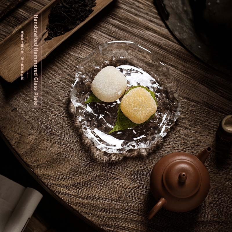 Stojan na čaj z krištáľového skla, priehľadný podnos v japonskom štýle s hrubou textúrou, nepravidelná platforma na suchý nálev a tanier na dim sum