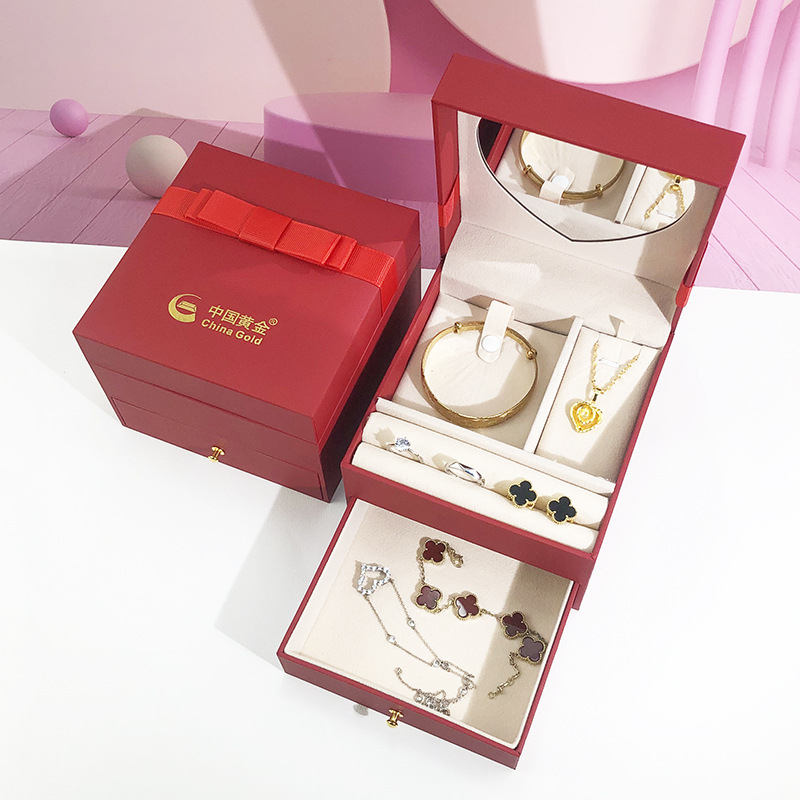 Cutie de bijuterii aurie, cu fundă și oglindă, capacitate mare de depozitare, accesorii metalice aurii