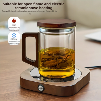 CEAȘĂ de ceai din sticlă borosilicat, stil chinezesc nou, capac din lemn de nuc și mâner din lemn, rezistentă la temperaturi înalte, ceai verde – set de 3 piese