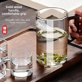 CEAȘĂ de ceai din sticlă borosilicat, stil chinezesc nou, capac din lemn de nuc și mâner din lemn, rezistentă la temperaturi înalte, ceai verde – set de 3 piese