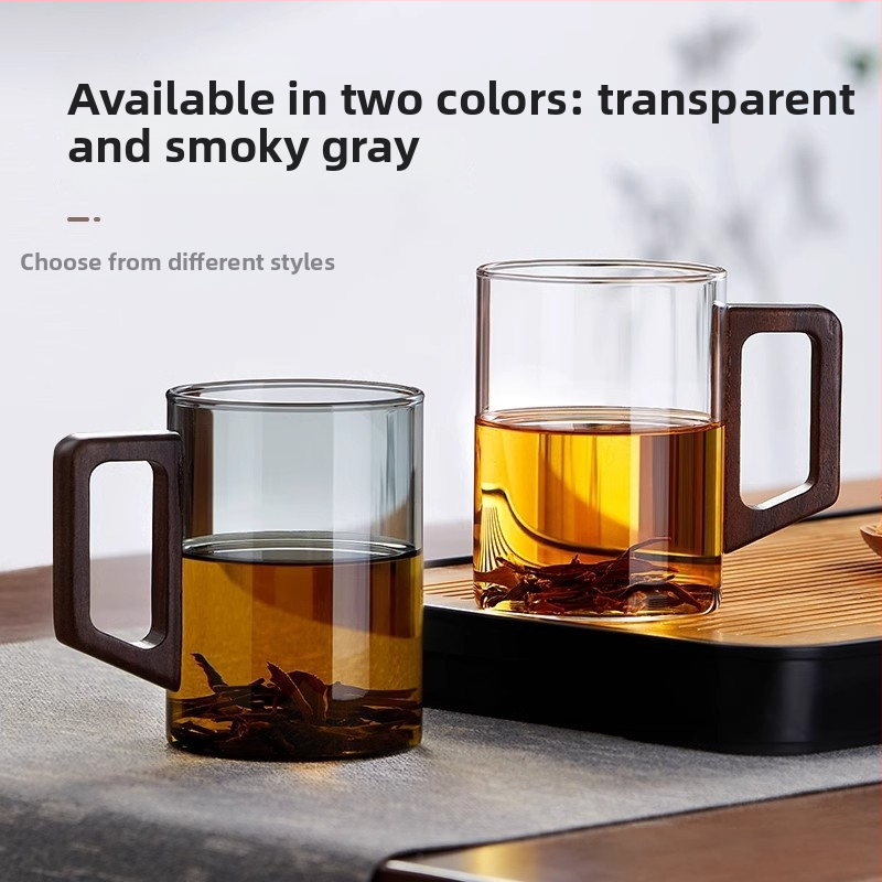 CEAȘĂ de ceai din sticlă borosilicat, stil chinezesc nou, capac din lemn de nuc și mâner din lemn, rezistentă la temperaturi înalte, ceai verde – set de 3 piese