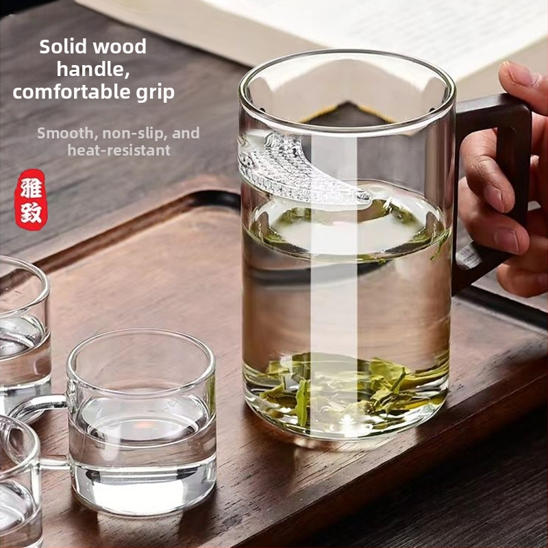 Nová čínska šálka na čaj z borosilikátového skla s orechovým viečkom, drevenou rukoväťou, žiaruvzdorná šálka na zelený čaj – sada 3 kusov