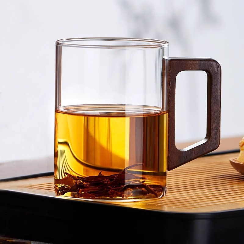 CEAȘĂ de ceai din sticlă borosilicat, stil chinezesc nou, capac din lemn de nuc și mâner din lemn, rezistentă la temperaturi înalte, ceai verde – set de 3 piese