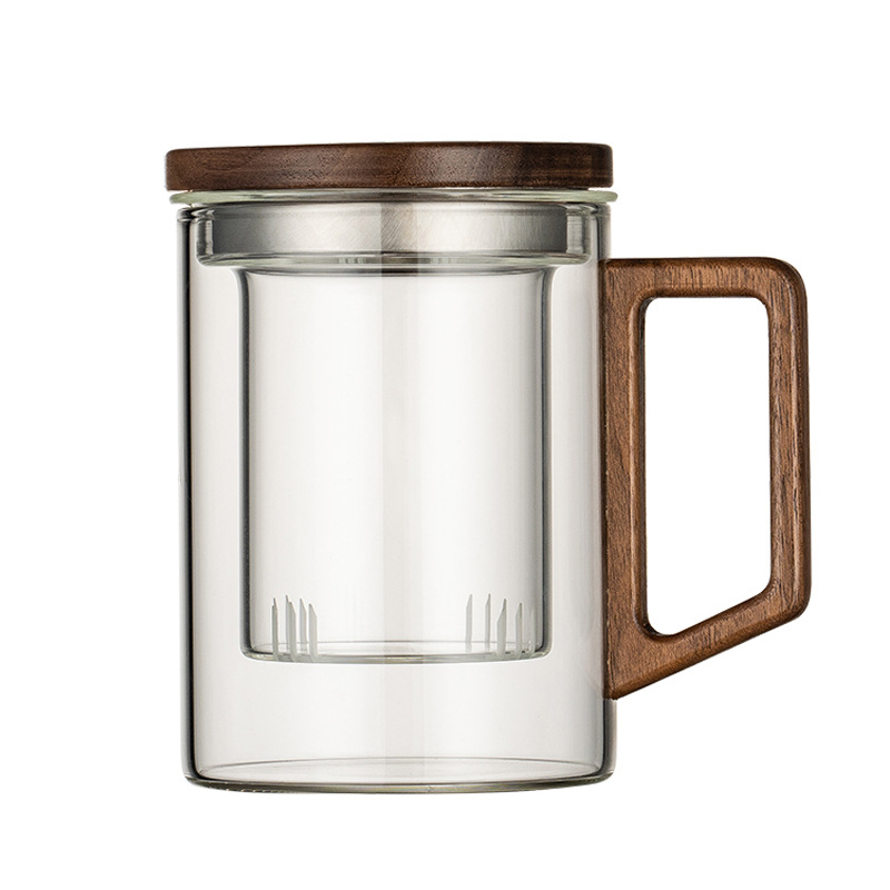 CEAȘĂ de ceai din sticlă borosilicat, stil chinezesc nou, capac din lemn de nuc și mâner din lemn, rezistentă la temperaturi înalte, ceai verde – set de 3 piese