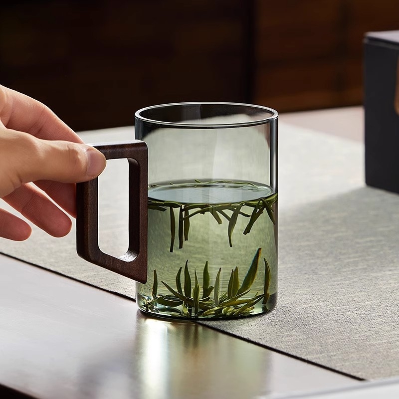 CEAȘĂ de ceai din sticlă borosilicat, stil chinezesc nou, capac din lemn de nuc și mâner din lemn, rezistentă la temperaturi înalte, ceai verde – set de 3 piese