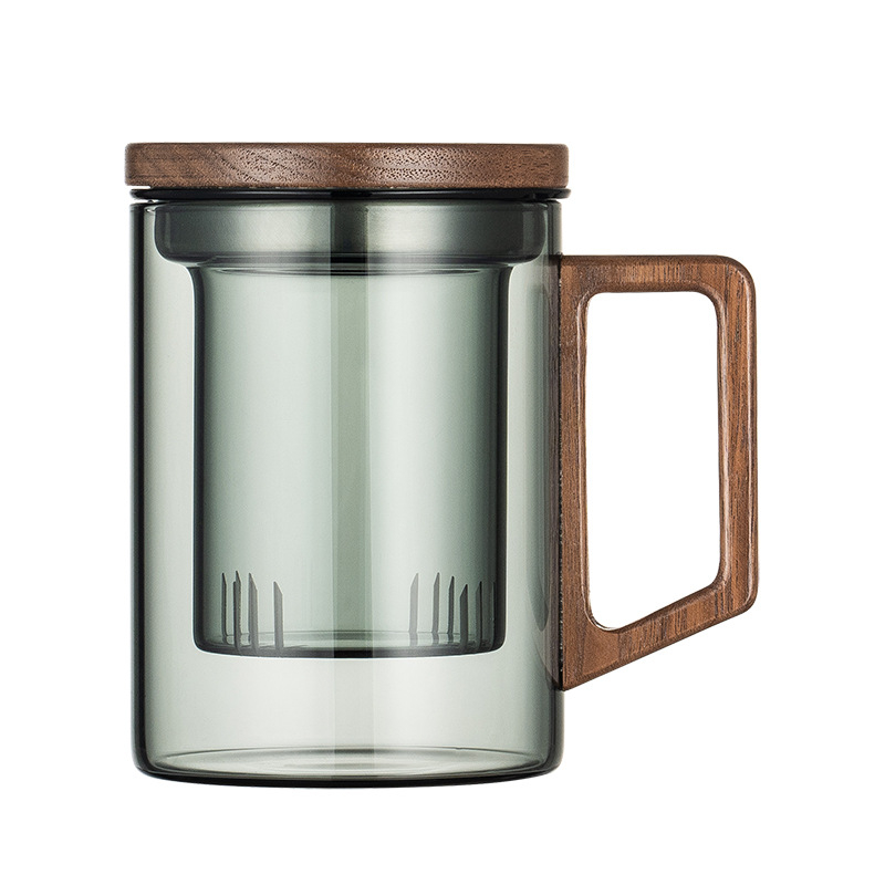 CEAȘĂ de ceai din sticlă borosilicat, stil chinezesc nou, capac din lemn de nuc și mâner din lemn, rezistentă la temperaturi înalte, ceai verde – set de 3 piese