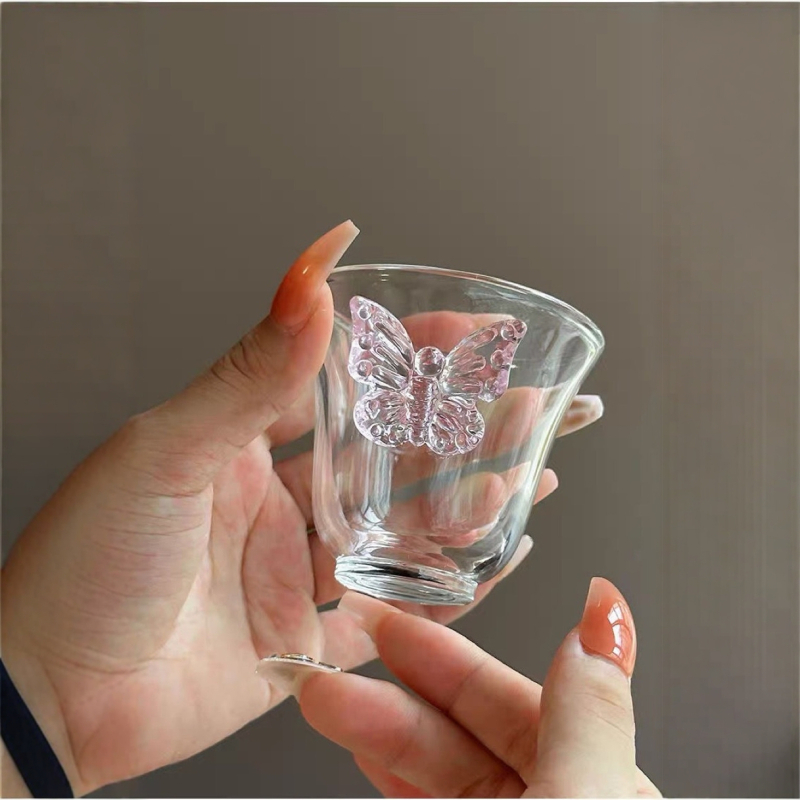 Set de ceainic și căni din sticlă cu model fluture, design tridimensional, căni de ceai și de vin, stil drăguț