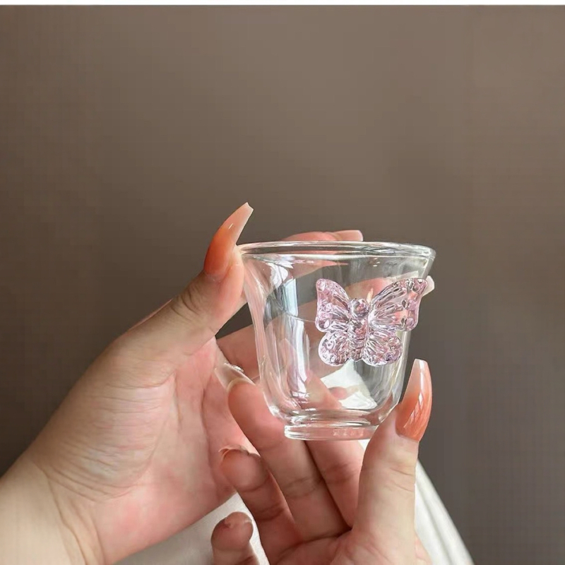 Set de ceainic și căni din sticlă cu model fluture, design tridimensional, căni de ceai și de vin, stil drăguț