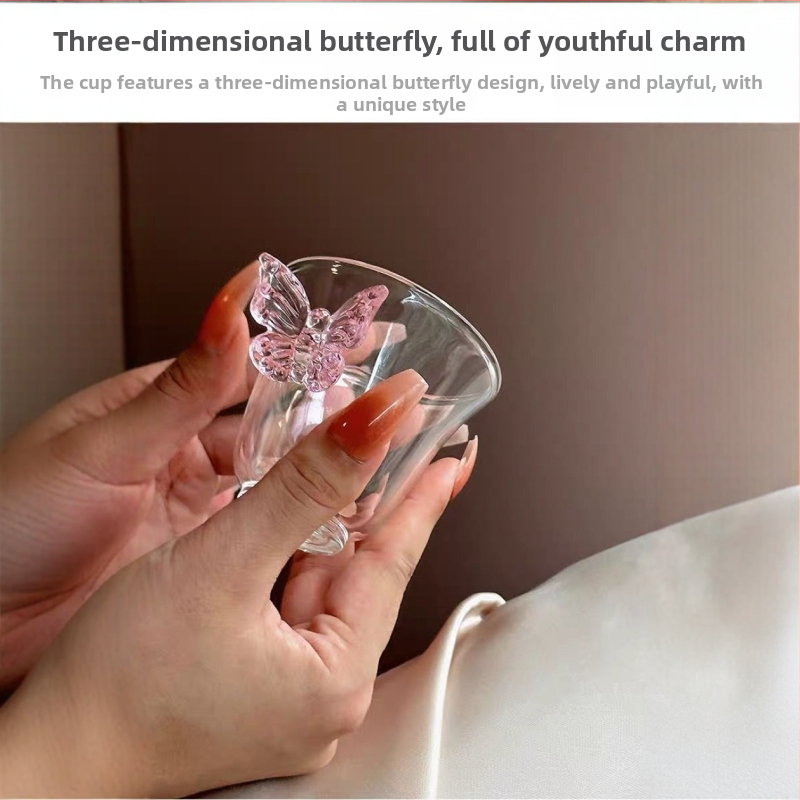 Sklenená kanvica na čaj a sada šálok Butterfly Cup, trojrozmerný dizajn, šálky na čaj a pohár na víno, roztomilý štýl