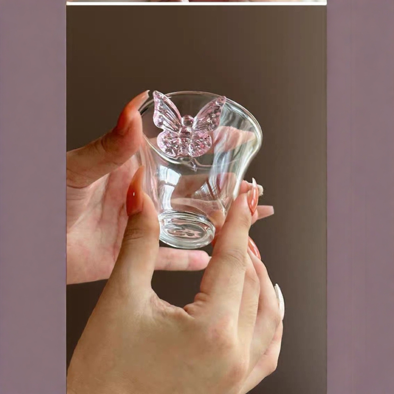 Set de ceainic și căni din sticlă cu model fluture, design tridimensional, căni de ceai și de vin, stil drăguț