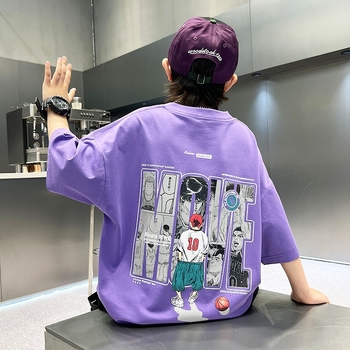 Tricou de vară pentru băieți, mâneci scurte, pentru copii mari, material ușor, imprimeu cu desene animate și litere