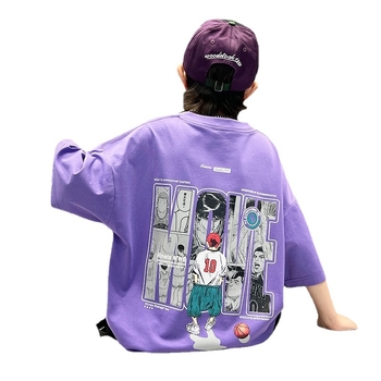 Tricou de vară pentru băieți, mâneci scurte, pentru copii mari, material ușor, imprimeu cu desene animate și litere